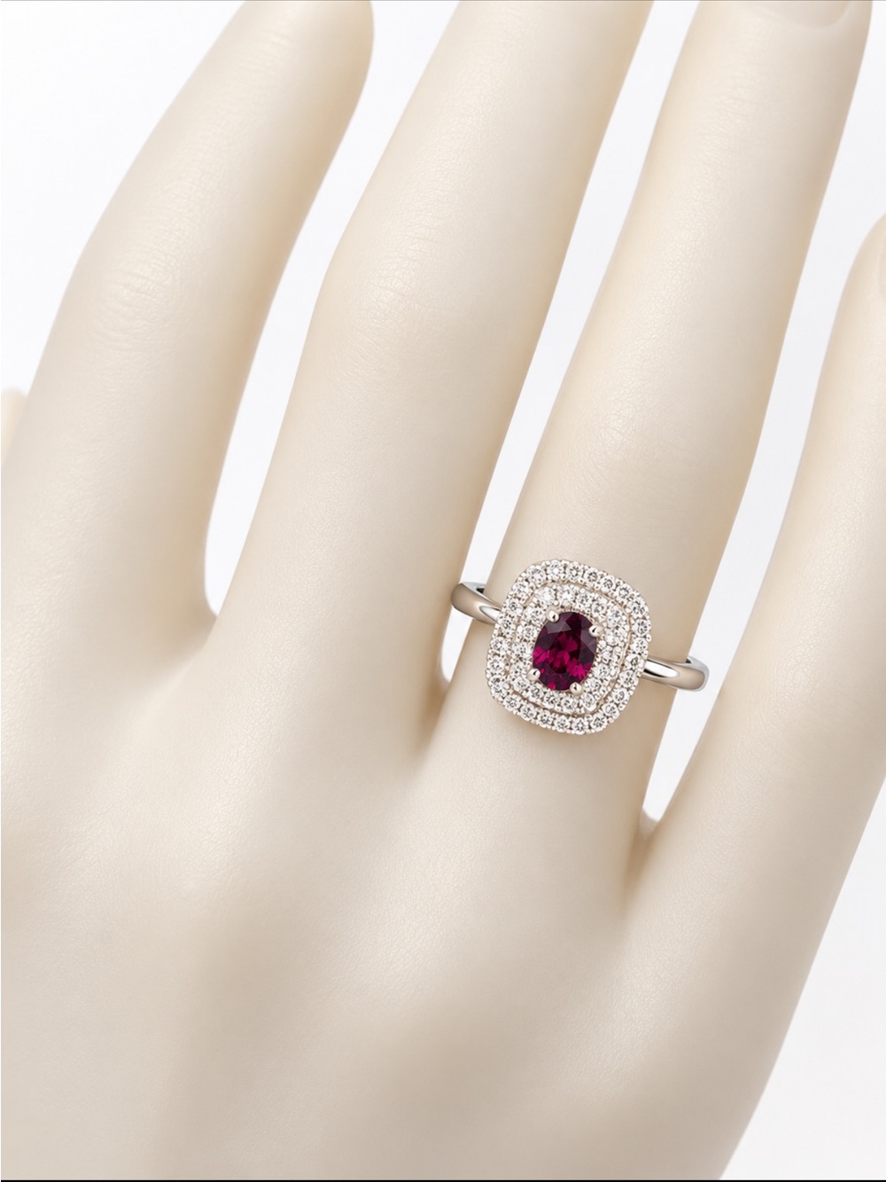Sterling Silver Halo Ring with Ruby-Red Gemstone